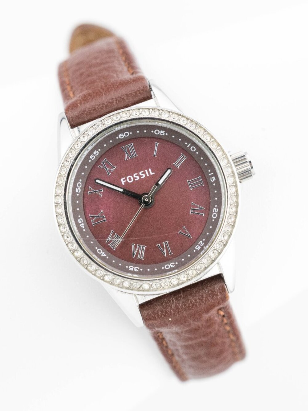 Fossil BQ1104 Women’s Brown Leather Crystal Quartz Analog Watch Fresh Battery